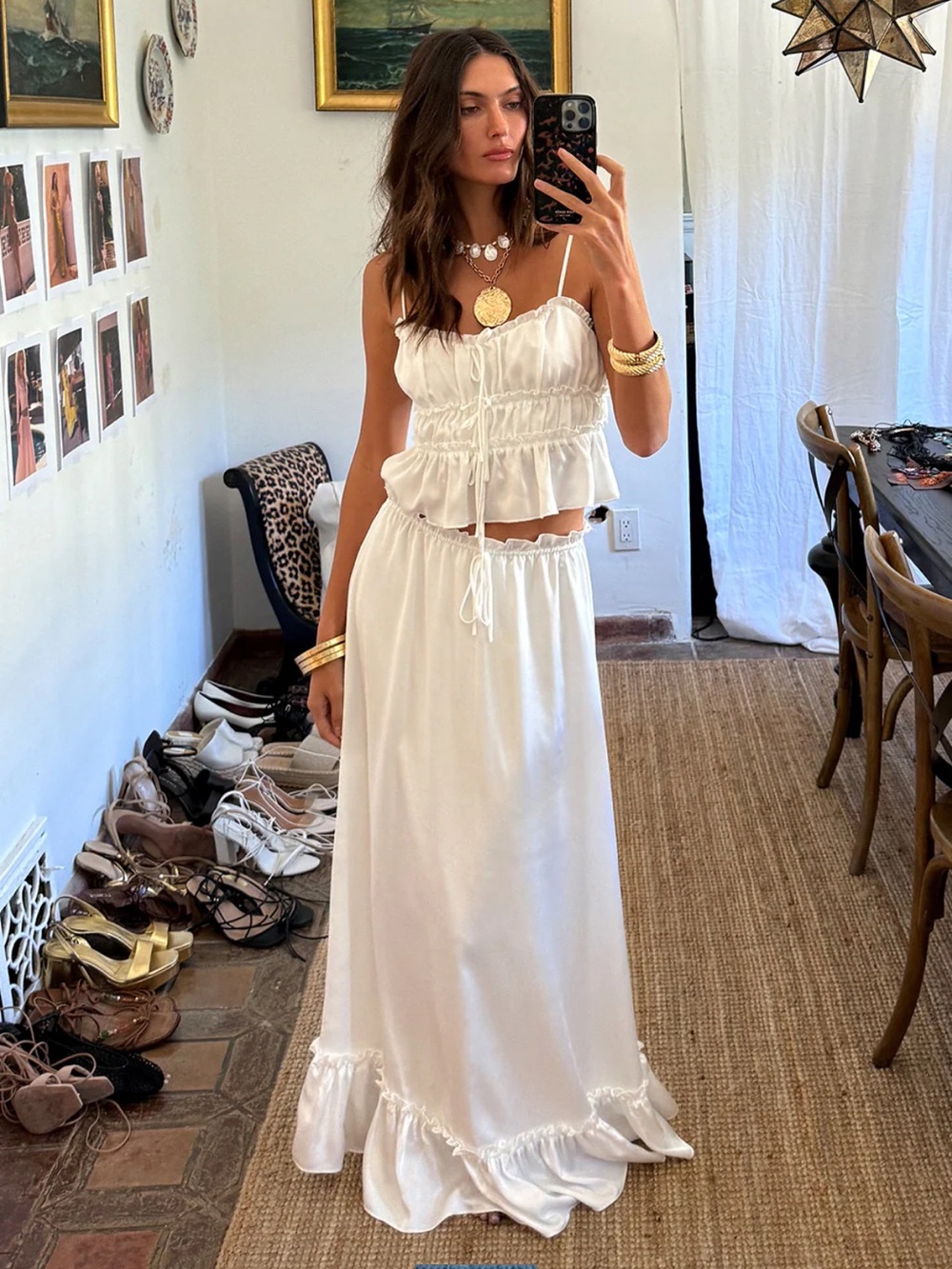 12th Tribe White Ruffle Maxi Dress with Spaghetti Straps